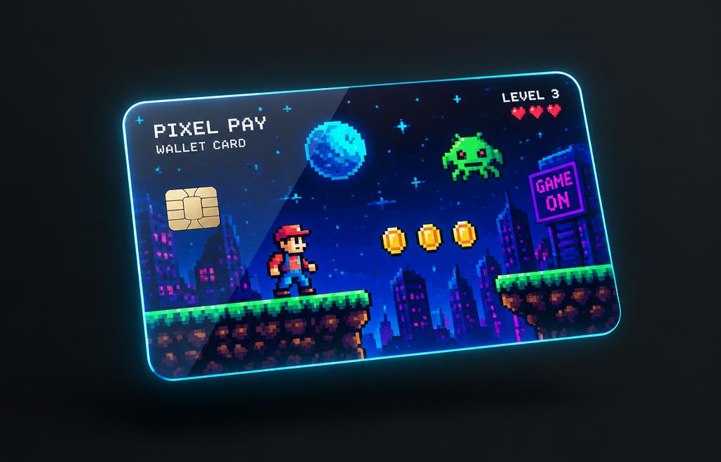 Wallet card skinned with retro pixel art